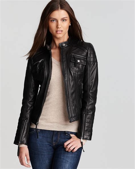 michael kors stand collar leather jacket|Michael Kors leather jacket women's.